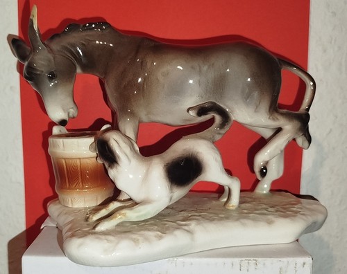 Esel mit hund porzellan figur - esel,
