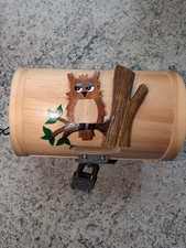 Holzspardose mit Eule, Schloß und Schlüssel, Schatztruhe