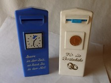 spardose mit schlüssel aus plastik blau-weiß-selten-