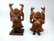 Lachende Buddha Glücksgott, 2x Sammlung,  Holz Statuen, Buddhismus, vintage