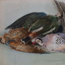 Stillleben mit Vögeln Jagd Impressionismus unsigniert Aquarell 1890