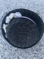 Mädchen Strohhut mit Blumen und Tüll dunkelblau 5Jahre