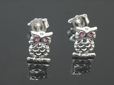 585  Weissgold MINI  Eulen Zirkonia rubin Augen 1 Paar Ohrstecker 14 Karat Gold