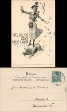 Ansichtskarte  Frau reitet auf Schwein - Neujahr 1901