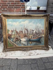 Ölgemälde Hafen Leinwand signiert K. Barnekow mit prachtvollem Rahmen  93x75x8
