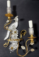 Wandlampe mit Kristallglasblumen und Glas Papagei von bf Art Italy Vintage 46 cm