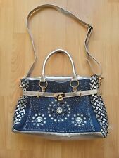 Handtasche Damen groß, Jeans mit silber Kunstleder, Glitzer, Strass
