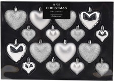 16 Stück Weihnachtskugeln Herz / Herzen SILBER Baumschmuck Kunststoff