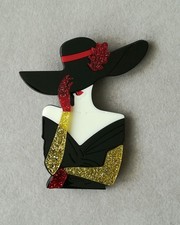 Brosche Dame Mit Hut Acryl Mode 60er 70er Retro Style Elegante Lady Frauen Kopf