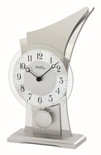 AMS 1138 Tischuhr Quarz mit Pendel analog silbern modern geschwungen mit Glas 