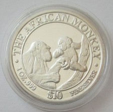 Somalia 10 Dollars 1999 Affe / African Monkey 1 Oz Silber