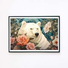 Arktischer Eisbär Blumen Natur Portrait Illustration A5 Wanddeko Kunstdruck 