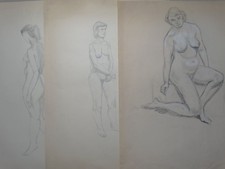 Weibliche Akte - Körperstudien Frauen stehend - 3 Bleistiftzeichnungen - 1960