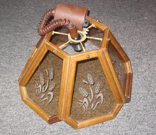 große 6eck Wohn- Esszimmerlampe Deckenlampe Rustikal Holz mit Glasscheiben