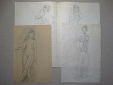 Weibliche Akte - Frauen stehend Körperstudie - 4 Zeichnungen Bleistift - 1955