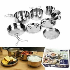 8X Camping Kochgeschirr Outdoor Topf Pfanne Geschirr Set Edelstahl