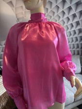 Damen Neon Pink Schluppenbluse Schleife XS S 34-36 Vorn Doppellagig Langarm