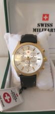 Swiss Military Armbanduhr by Chrono, vergoldet, 43mm und Lederarmband schwarz