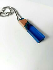 Anhänger Epoxid Harz Viereck Insel Meer Blau Gold Kette Edelstahl 50 cm NEU