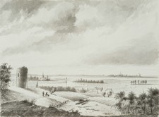 Turmruine am Fluss in weiter