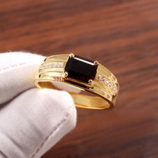 Naturschwarz Onyx Edelstein Mit Vergoldet 925 Sterlingsilber Herren Ring #282