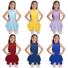 DE Kinder Mädchen Ärmelloses Tanzkleid Eislaufkleid Ballett Trikot Strass Kleid