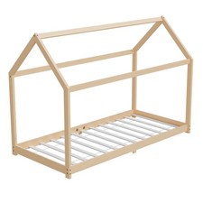 HAGO24 Kinderbett 200x90 Haus Dach Montessori Holz Bodentief Spielbett Lattenros