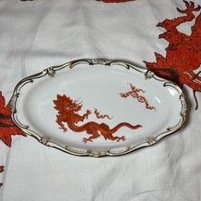 Porzellan ovale Schale roter Drache Ming mit Goldrand 13x22cm PGH Handmalerei
