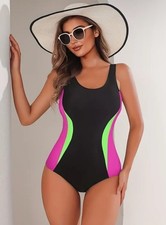 Schwarz trifft Neon: Figurbetonter Badeanzug – Für Sportliche Eleganz, XXL (46)