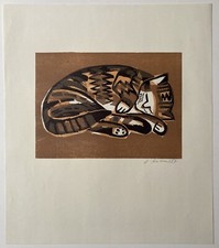 Heinz Friedrich, Schlafende Katze, 1987, Grafik, Holzschnitt, signiert