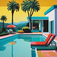 Midcentury Art Deco Pop Art Art Deco 95x95cm Palmen Pool Sommer Landschaft N32