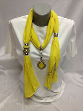 Damen Schmuck-Schal Tuch Halstuch gelb mit Stein-Strass-Anhänger