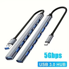 7-Port USB HUB OTG Splitter Adapter USB 3.0/USB-C Hellblau Metallic PC Laptop
