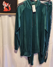Italy Damen Jogger, Zweiteiler, Hausanzug, Grün, Glitzerstreifen, Samt, 42-50