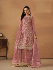 Rosa Netz schwer bestickt Sharara Anzug mit Dupatta | Hochzeit Festlich...