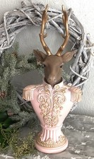 Großer Hirsch Hirschkopf m. Geweih, Büste Figur Skulptur, Rosa - Gold, 36 cm,