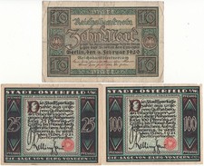 Reichsbanknote*10 Mark 6.2.1920 + Notgeld*Osterfeld i.W.*25 + 100 Pfg.*1921