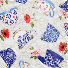 3 Servietten ~ Geschirr, Küche, Tassen mit blauem Muster, Blumen ~ 33x33