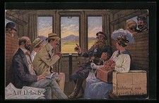 Künstler-AK A. Thiele: Soldat im Zugabteil erzählt vom Krieg 