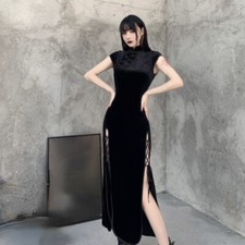Damen Chinesisch Cheongsam Qipao Langes Kleid Samt Gothic Retro Slim Seite
