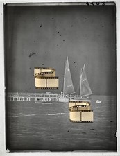 Orig. Fotoplatte Negativplatte Glas 1937 Segelboote Brücke uvm Grömitz Kiel 12x9