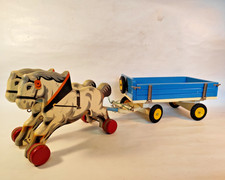 DDR Holzspielzeug Pferdewagen Pferdegespann Pferd Kippwagen Kutsche Verhofa
