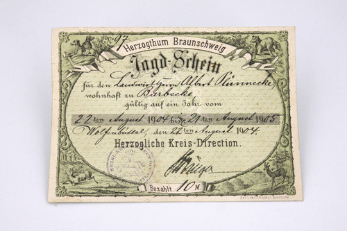 Original antik jagdschein 1904 - original,