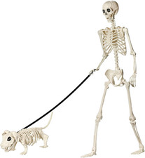 Halloween Skelett 165cm Lebensgroß mit Hund, Bewegliche Gelenke, Deko Gruselpart