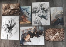 7 Wandbilder Blumen/Blätter, gold-schwarz-grau