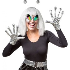 Alien Kostüm-Set Alien-Brille Antennen-Haarreif Handschuhe Weltall Outfit Space