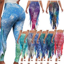 DE Damen Meerjungfrau Tights Lange Hosen Fisch Schuppen Karneval Clubwear Kostüm