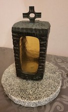 Grablicht Messing buntes Glas auf Granitplatte rund für Kerzen