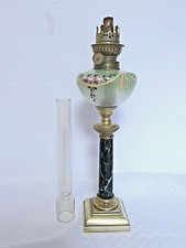 Antike Petroleumlampe Bronze, Emaillemalerei auf Glas