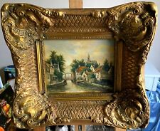 Ölgemälde Kanal Szene Holland Impressionen Malbrett signiert Rahmen Gold 43x38cm